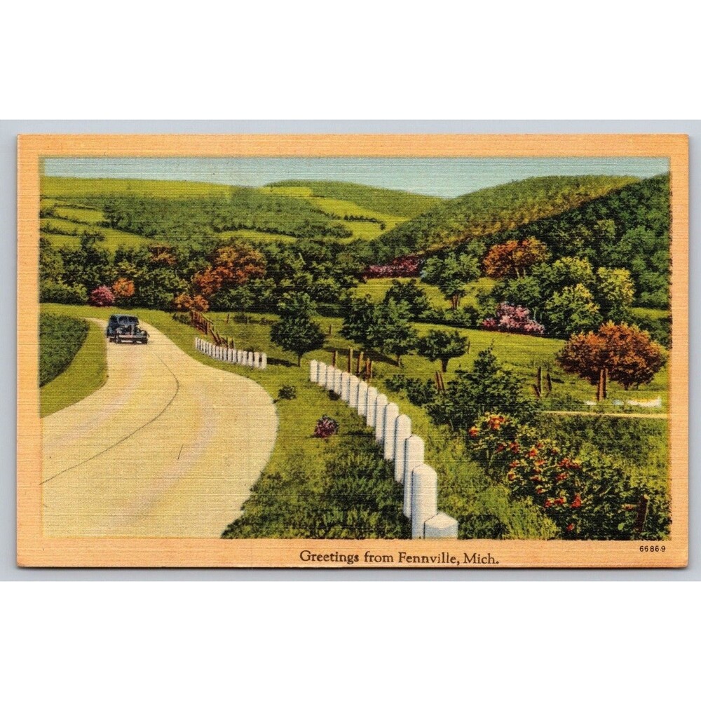 1946 Fennville Michigan MI Linen Postcard Scenic Road Car Tichnor 66869 Posted